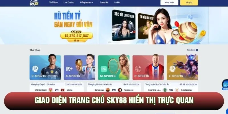 Giao diện trang chủ SKY88 hiển thị trực quan